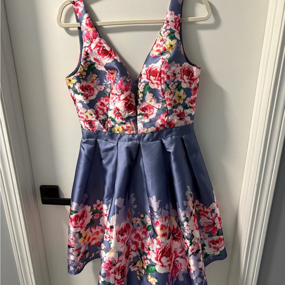 Soieblu Blue Satin Floral Fit-and-Flare Mini Dress